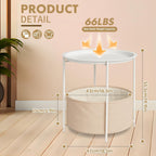ShellKingdom End Table, Small Round Side Table with Fabric Basket, Metal Night Stand with Removable Tray for Living Room, Bedroom, Nursery, Laundry (White)