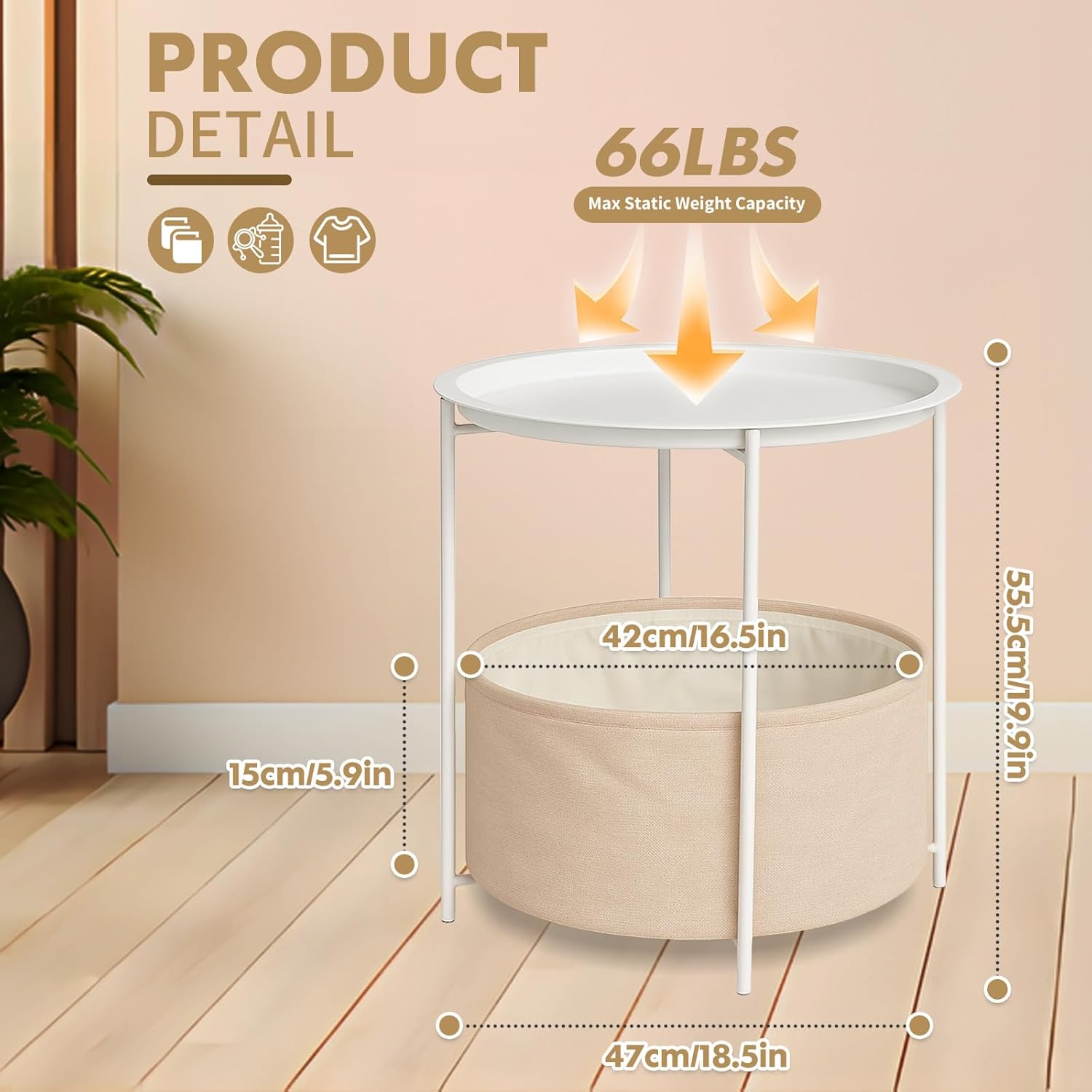 ShellKingdom End Table, Small Round Side Table with Fabric Basket, Metal Night Stand with Removable Tray for Living Room, Bedroom, Nursery, Laundry (White)