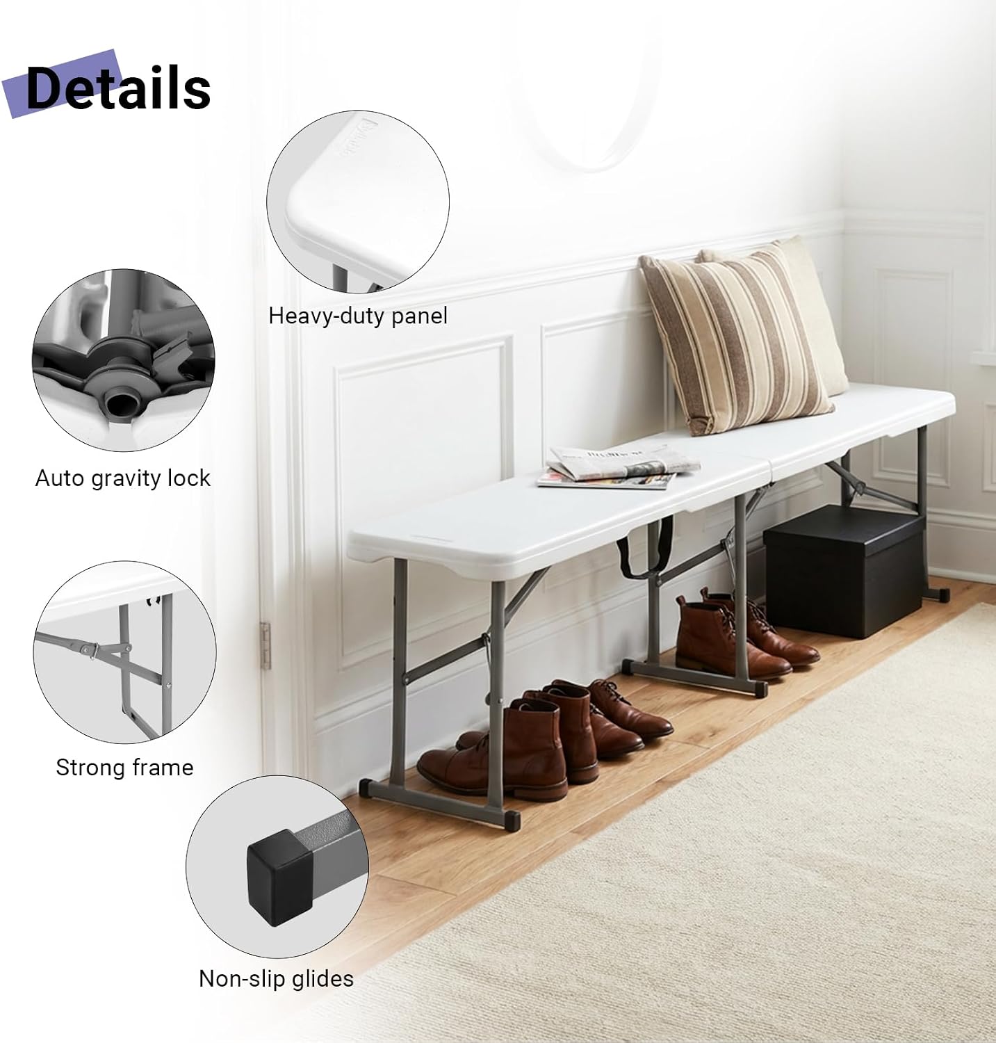 Byliable Folding Bench 6 Foot, Plastic Foldable Bench Seat with Handle, Portable Picnic Party Camping Dining Seat, Garden Multipurpose Entertaining Activities, White, 2 Pack