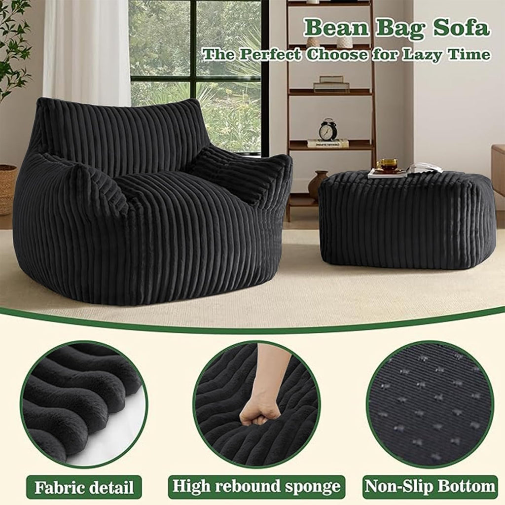 FanYi Bean Bag Chair for Adults with Armrests and Ottoman Comfy Beanbag Lounge Lazy Floor Sofa Accent Chair for Living Room, Bedroom & Dorm, Cozy Fluffy Single Cloud Mini Couch, Black