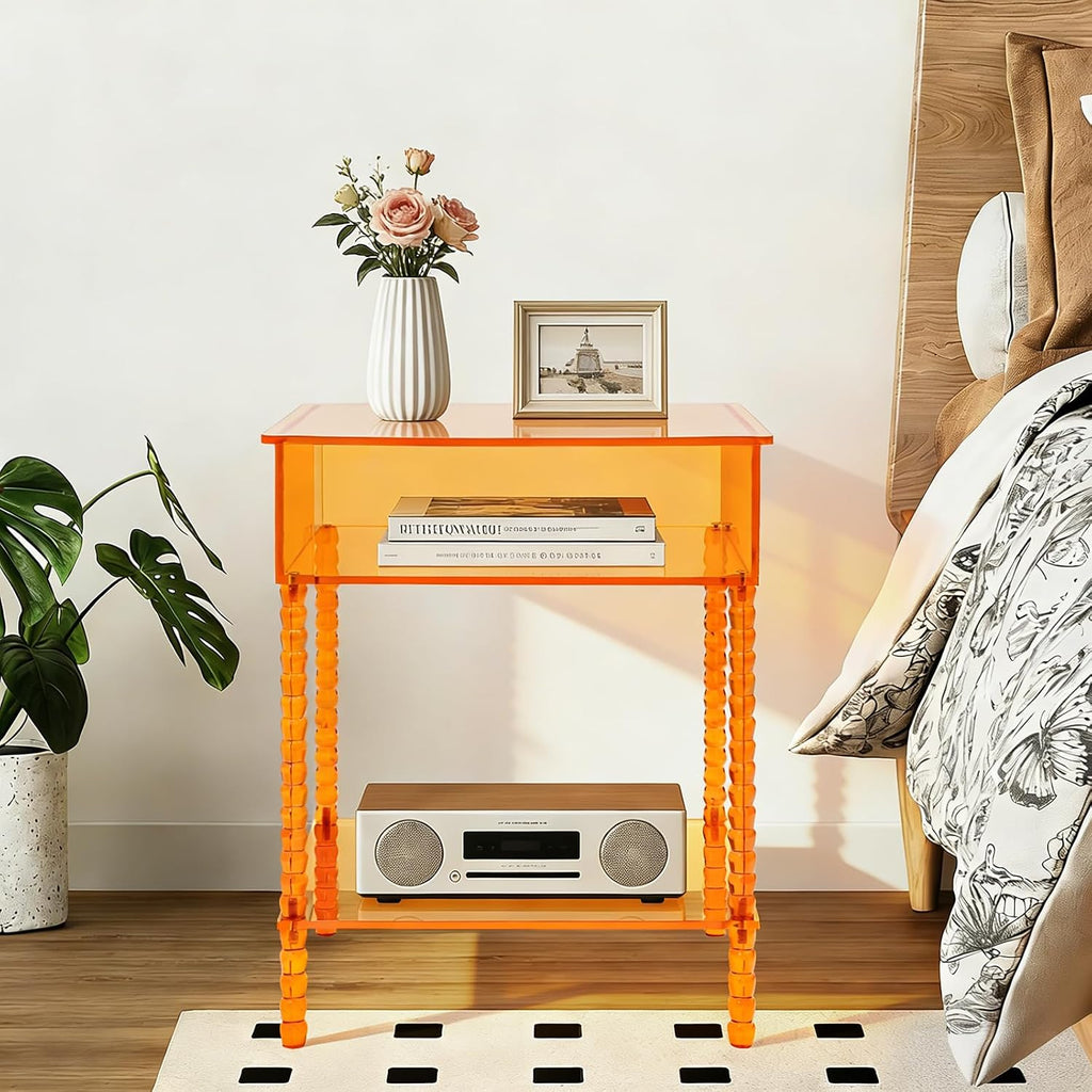 16inch Acrylic End Side Table, 3 Tier Orange End Table with Large Storage Modern Nightstand Coffee Table Accent Table for Compact Space Living Room Bedroom