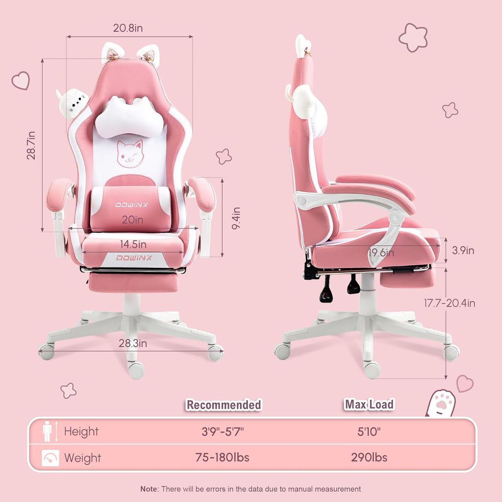 Dowinx Pink Gaming Chair with Cat Ears and Massage Lumbar Support, Ergonomic Computer Chair with Footrest and Headrest, Comfortable Reclining Game Chair 290lbs for Adults, Pink