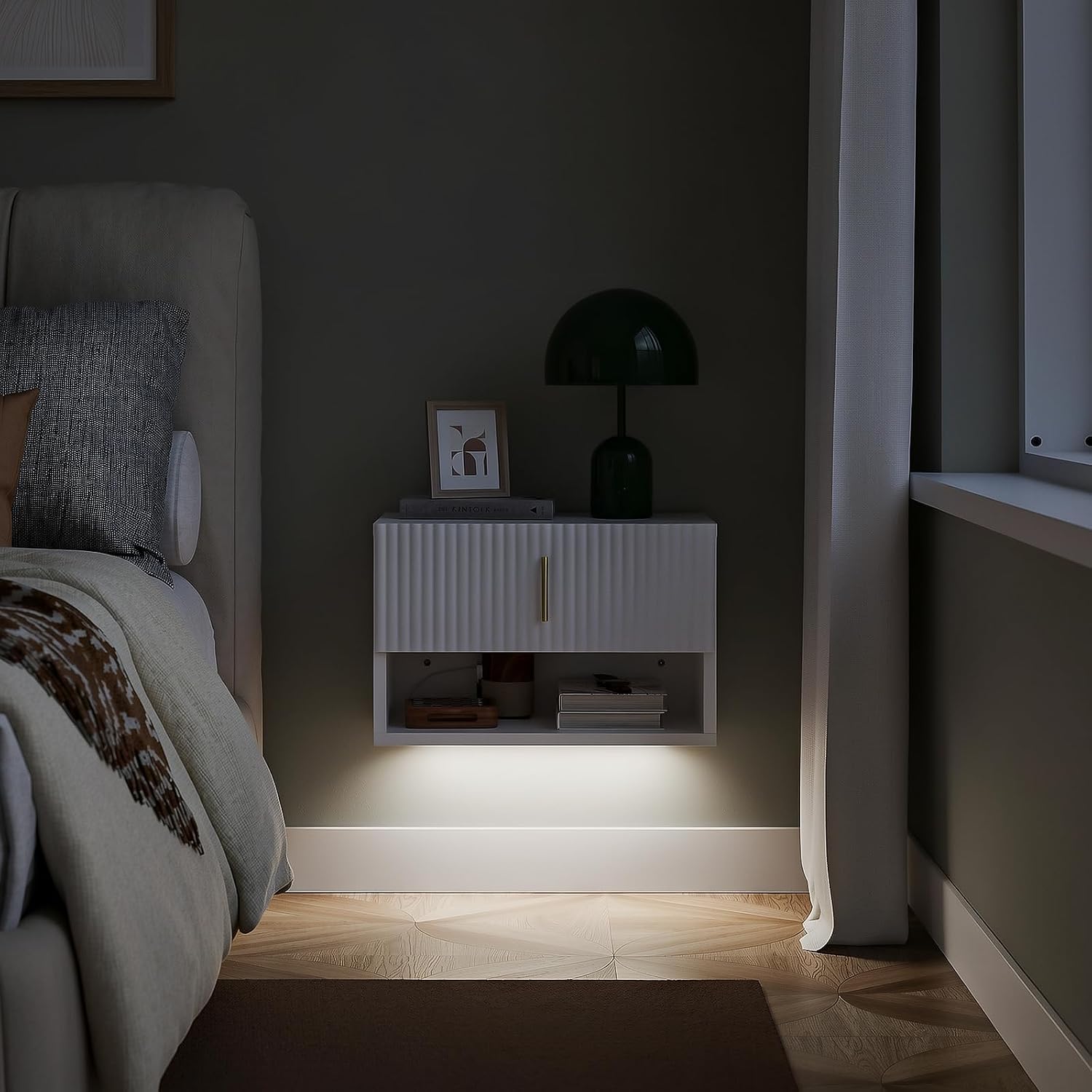 SoBuy Floating Nightstand with LED Sensor Light | Slim Wall Mounted Bedside Table with Drawer, Narrow White Nightstand for Bedrooms and Dorms, FBT176-E-