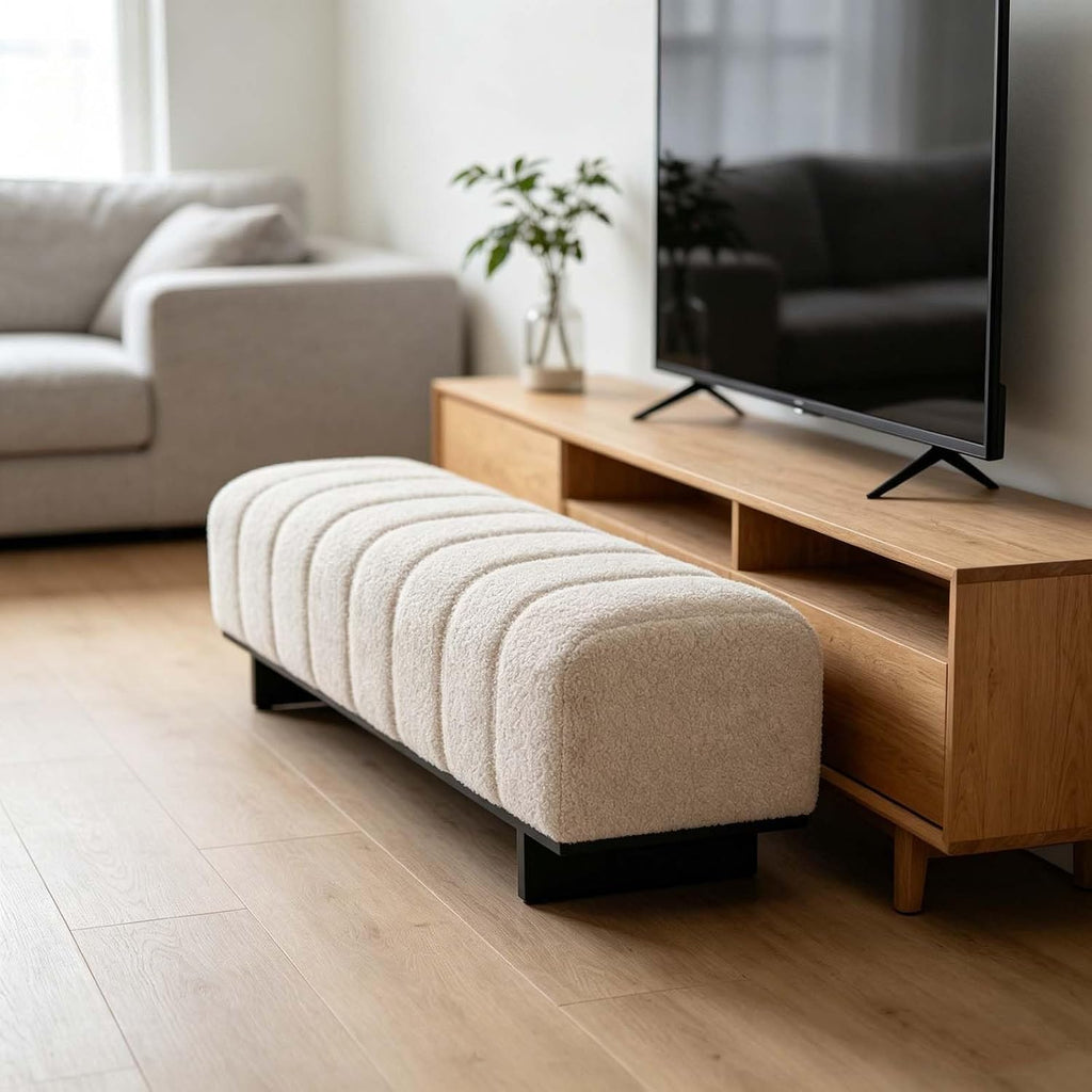 Soft Boucle Upholstered Bench Channel Tufted Surface Stable Black Base Bedroom Living Room Entryway Seating