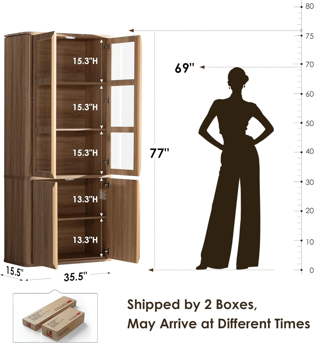 77" Tall Storage Cabinet - Fluted Pantry Cabinets with Glass Doors, Wooden Kitchen Food Cupboard, Adjustable Shelves, Modern Display Storage Closet for Living Room, Dining Room, Office, Oak 1pc