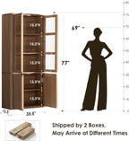 77" Tall Storage Cabinet - Fluted Pantry Cabinets with Glass Doors, Wooden Kitchen Food Cupboard, Adjustable Shelves, Modern Display Storage Closet for Living Room, Dining Room, Office, Oak 1pc