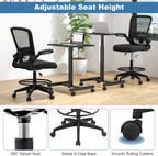 POWERSTONE Drafting Chair, Ergonomic Tall Office Chair for Standing Desk with 3IN Thick Cushion, Flip-up Arm, Adjustable Back Support & Footrest Workbench Rolling Stool Computer Chair (Black 1PCS)
