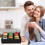 Tea Bag Box Black 6 Compartments Tea Organizer Storage Wood Drawer Station | Tea Bag Holder Large Sugar Packet Holder Coffee Bar Station Sweeteners Condiment Organizer Tea Bag Organizer Caddy