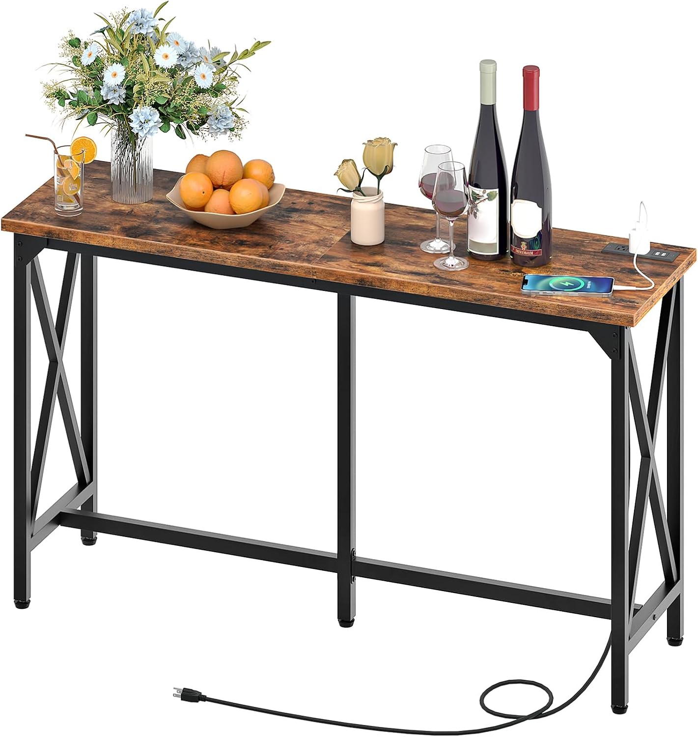 CHOEZON 55'' Bar Table, Kitchen Dining Table with Power Outlet and Footrest, Industrial Style, for Pub, Living Room, Rustic Brown and Black TBT09UBF