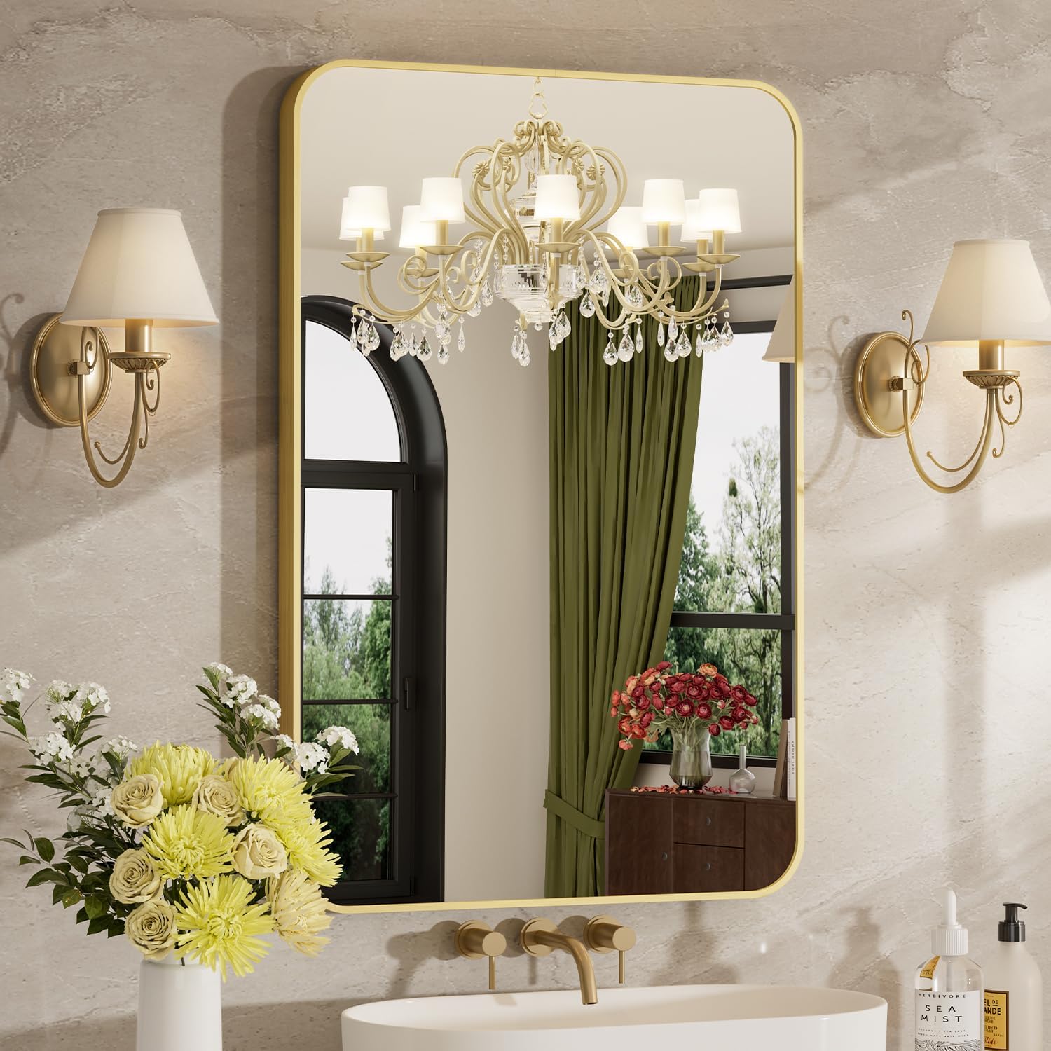 12x16 Inch Bathroom Mirrors for Over Sink, Brushed Gold Rectangle Mirror for Bathroom or Entryway, Wall Mounted Vanity Mirror with Aluminum Alloy Frame & Tempered Glass, Hangs Horizontally/Vertically
