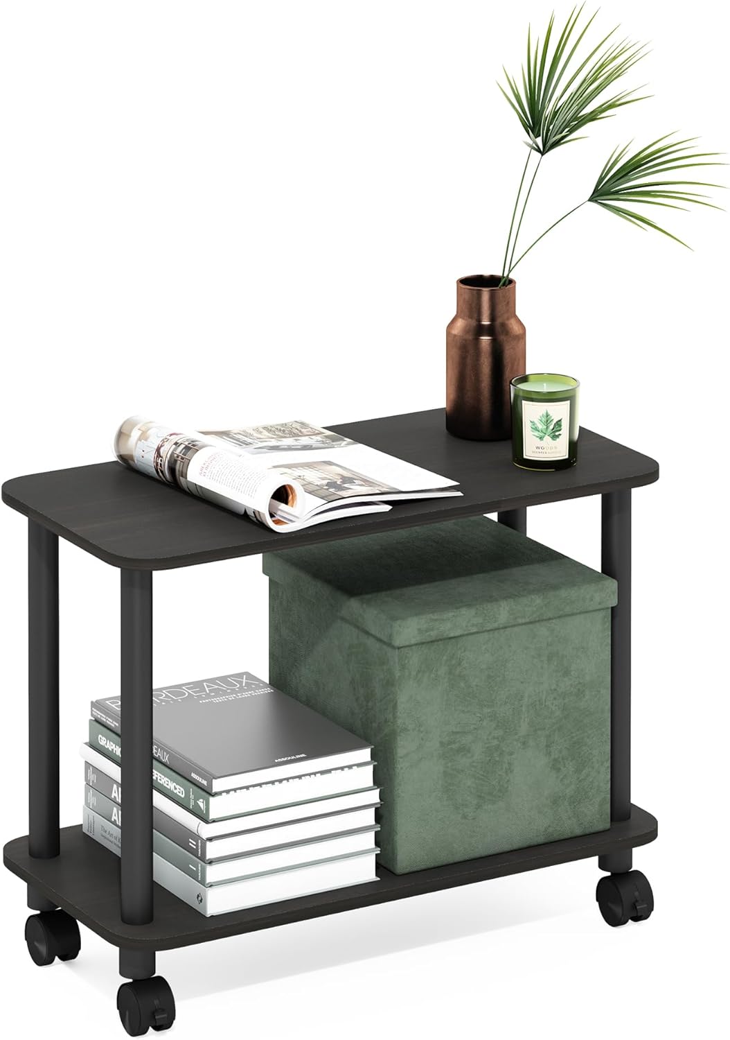 Furinno Turn-N-Tube Side Table, 2-Tier Sofa End Table with Wheels, Toolless Assembly Night Stand, Bedside Table with Open Shelf, for Living Room, Bedroom, Dark Espresso