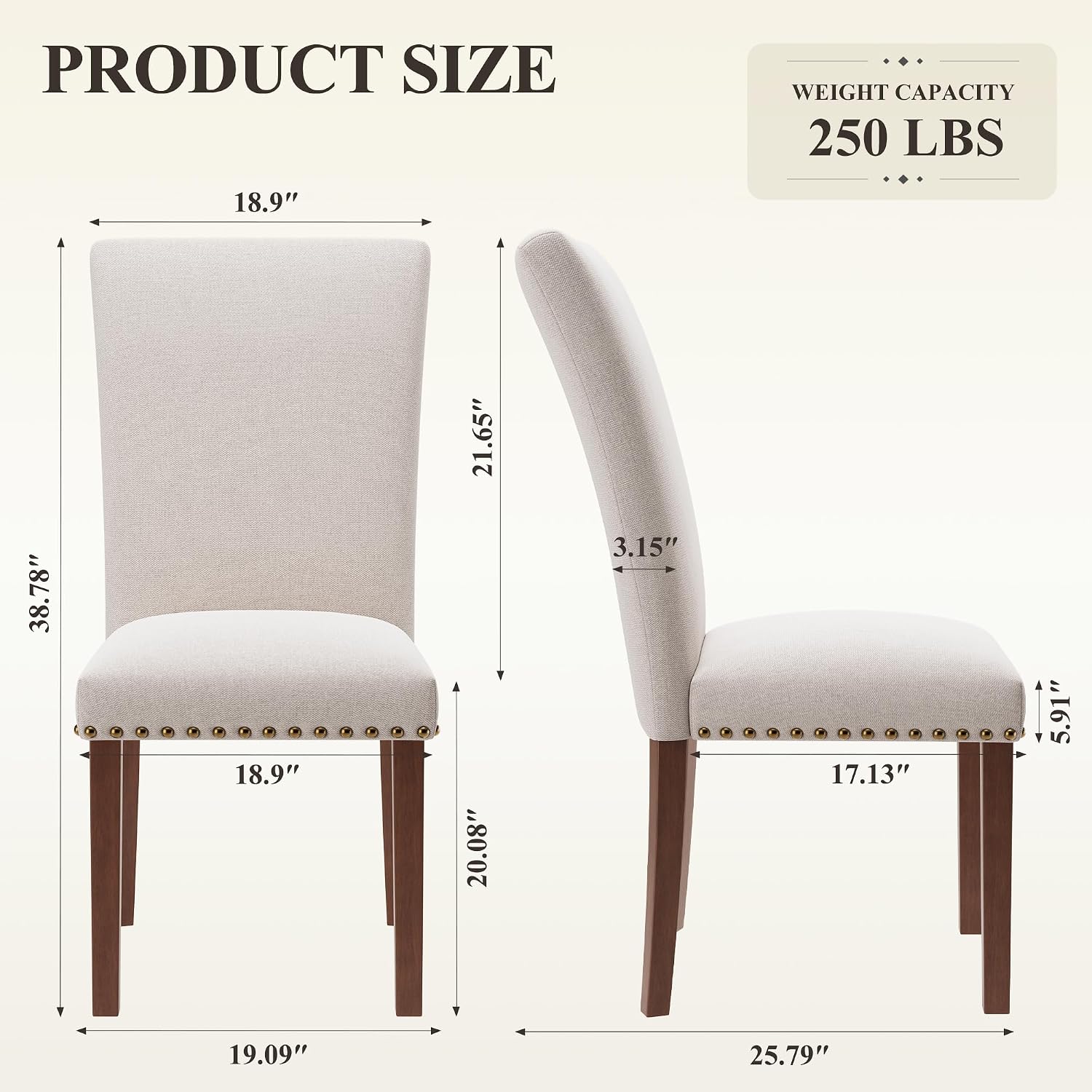 COLAMY Upholstered Parsons Dining Chairs Set of 2, Fabric Dining Room Kitchen Side Chair with Nailhead Trim and Wood Legs - Beige