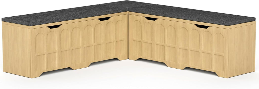 3-Piece L-Shaped Multifunctional Storage Bench with Padded Shoe Bench, Serves as a Kitchen Corner Stool, Toy Storage Box, or Reading Nook seat, Natural Color, 63" D x 63" W x 19.1" H