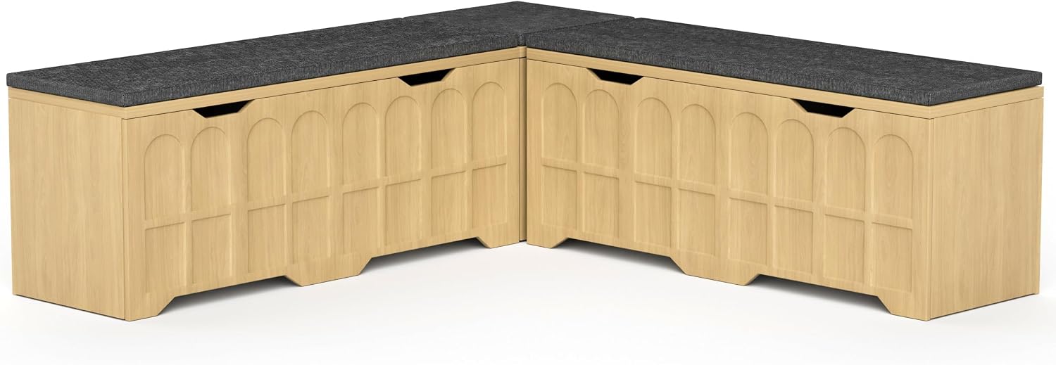 3-Piece L-Shaped Multifunctional Storage Bench with Padded Shoe Bench, Serves as a Kitchen Corner Stool, Toy Storage Box, or Reading Nook seat, Natural Color, 63" D x 63" W x 19.1" H
