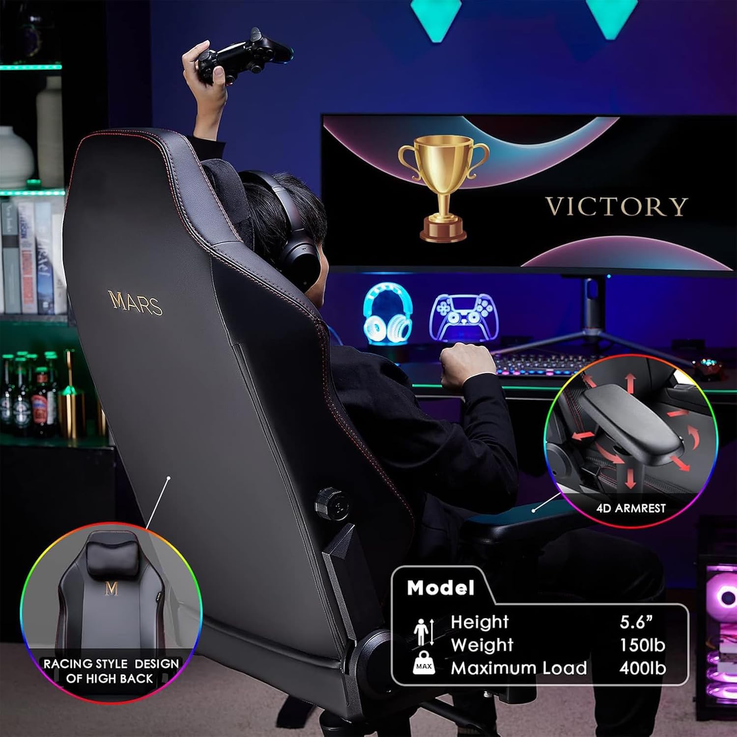 Large Ergonomic Gaming Chair, Big & Tall Computer Chair with 4D Armrests, Magnetic Headrest, Adjustable Lumbar Support, Reclining Office Chair for Home & Gaming Room, Black PU Leather, X-Large