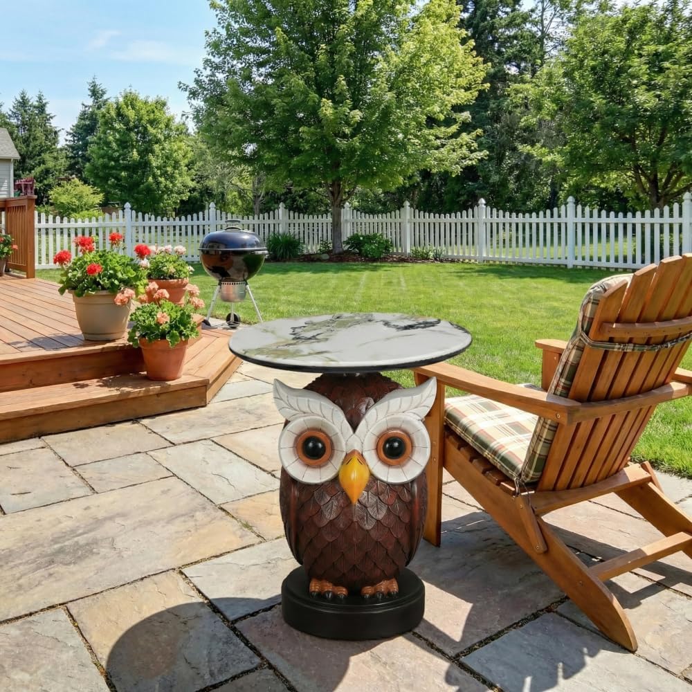 Owl Side Table, Round End Table with Faux Marble Top, Resin Owl Statue Base, Unique Animal Accent Table for Living Room