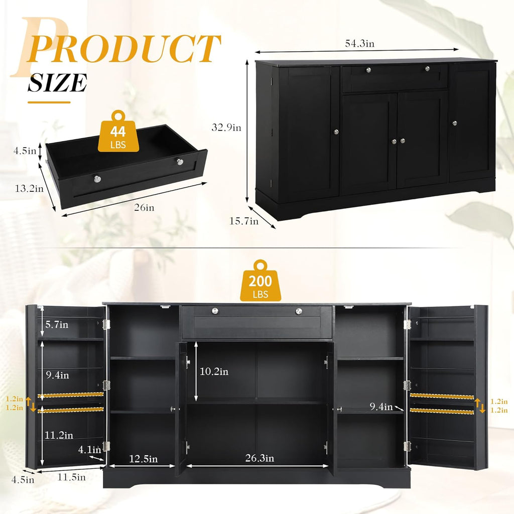 MAGIC UNION 54" Modern Buffet Cabinet with Storage, Wood Sideboard Cabinets with Drawer, Coffee Bar Cabinet with Doors and Adjustable Shelves, Kitchen Pantry Storage Cabinets for Living Room (Black)