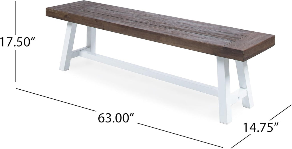 Cytheria Indoor Farmhouse Dark Brown Sandblast Finish Acacia Wood Dining Bench with White Rustic Metal Finish Frame