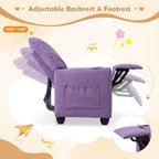 HONEY JOY Kids Recliner with Cup Holder, Chenille Fabric Upholstered Push Back Toddler Sofa w/Storage Pockets, Adjustable Backrest & Footrest, Child Reclining Chair for Ages 3+, Purple