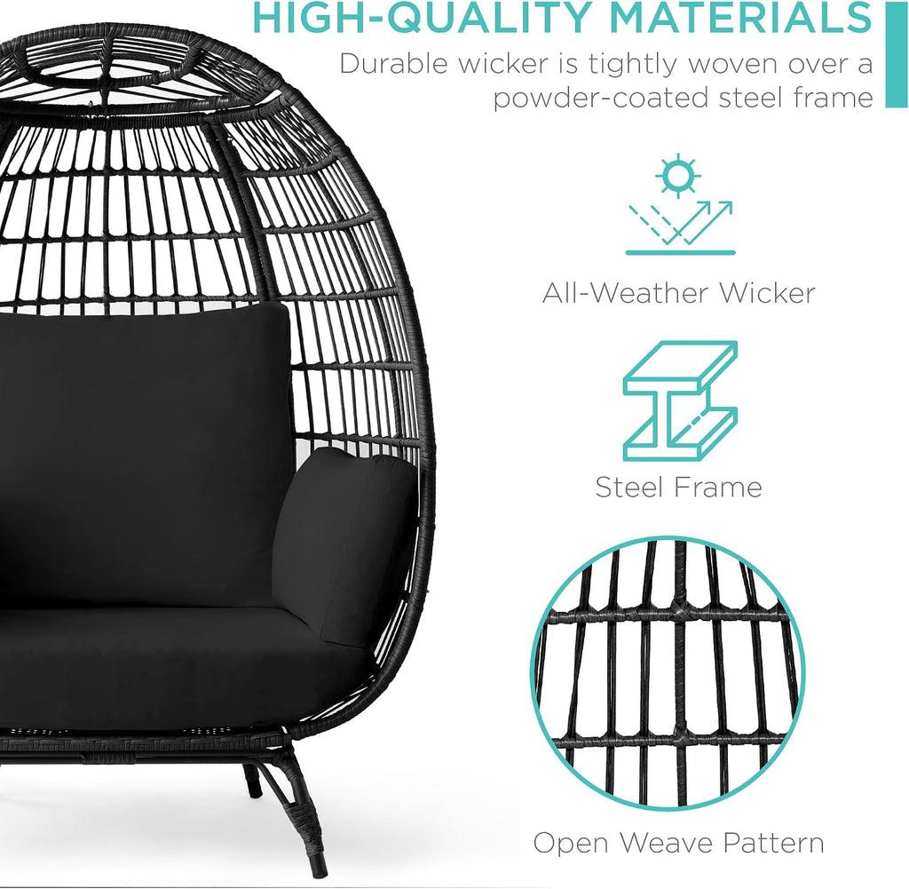 Best Choice Products Wicker Egg Chair, Oversized Indoor Outdoor Lounger for Patio, Backyard, Living Room w/ 4 Cushions, Steel Frame, 440lb Capacity - Black/Black