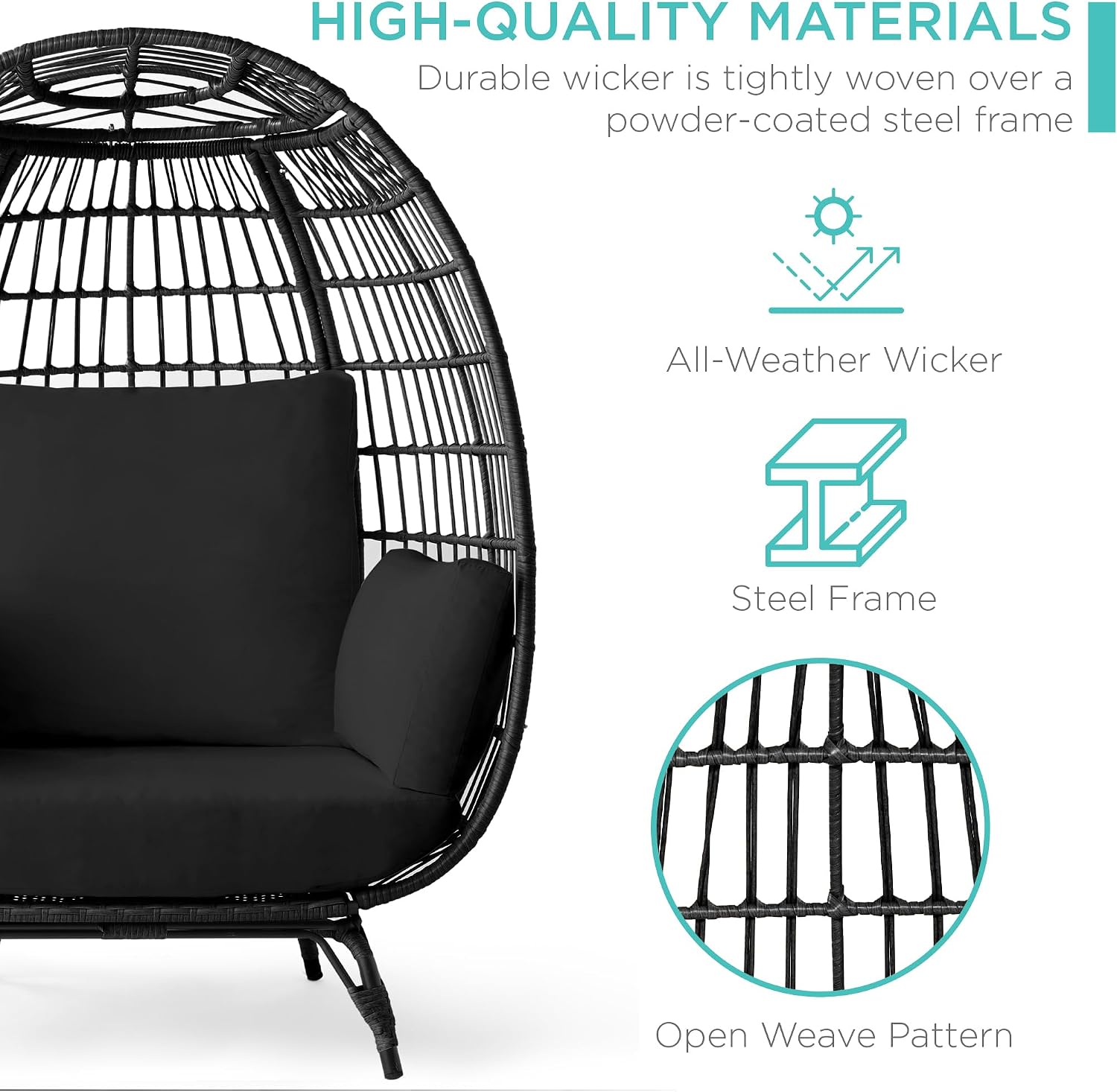 Best Choice Products Wicker Egg Chair, Oversized Indoor Outdoor Lounger for Patio, Backyard, Living Room w/ 4 Cushions, Steel Frame, 440lb Capacity - Black/Black