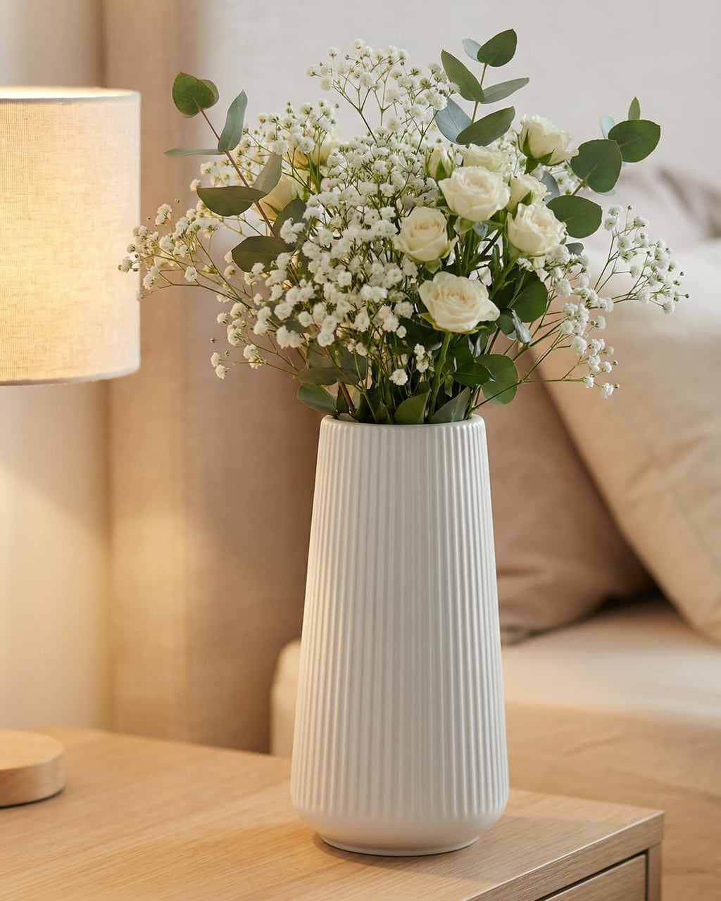 White Ceramic Vase, 8 Inch Flower Vases for Pampas Grass and Dried Flowers, Modern Vase for Living Room Table, Kitchen Shelf, Wedding Centerpiece Decor