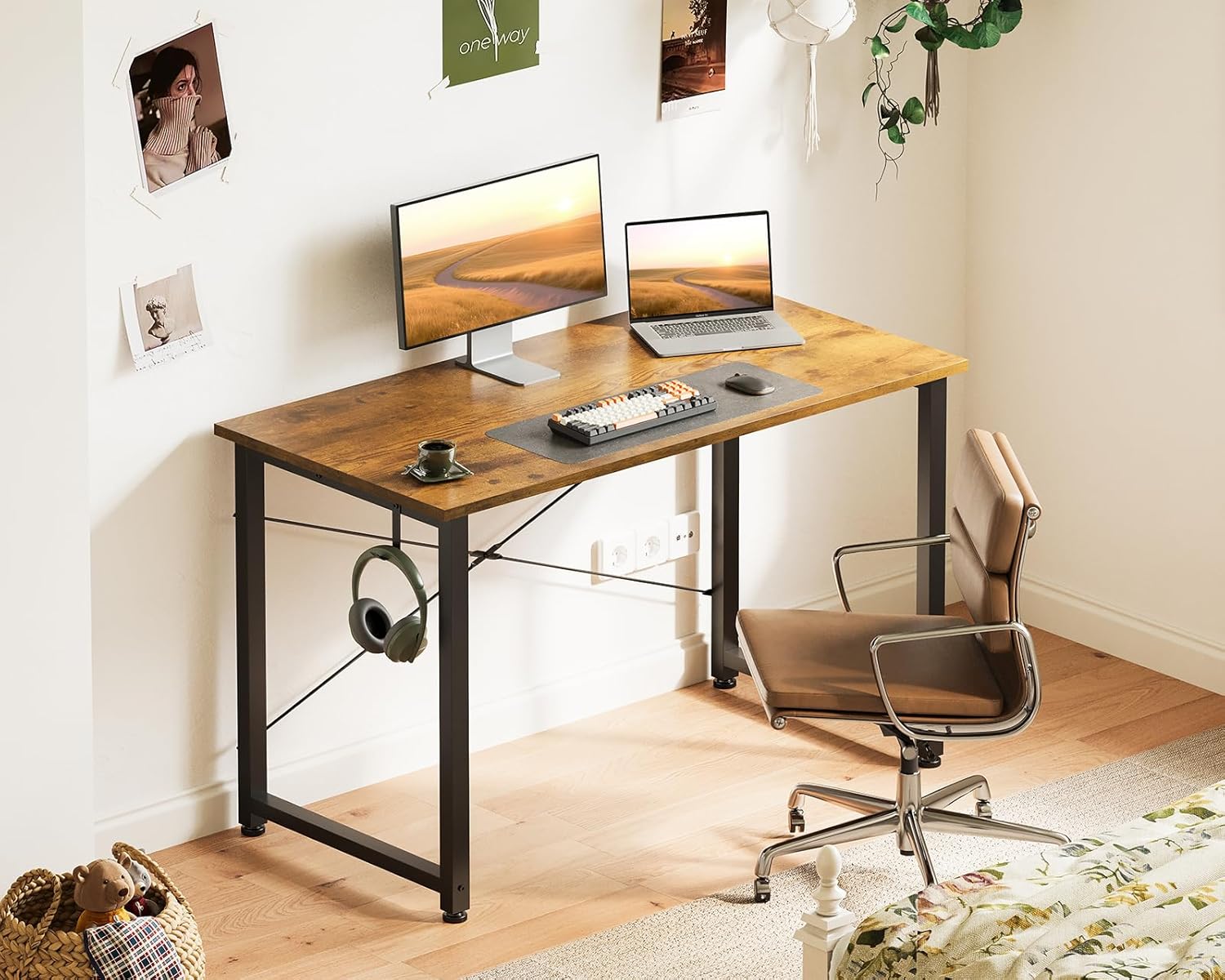 Casaottima 40 Inch Small Computer Desk for Home Office, Study Writing Table for Small Spaces, Simple Modern Desk with Headphone Hooks, Vintage