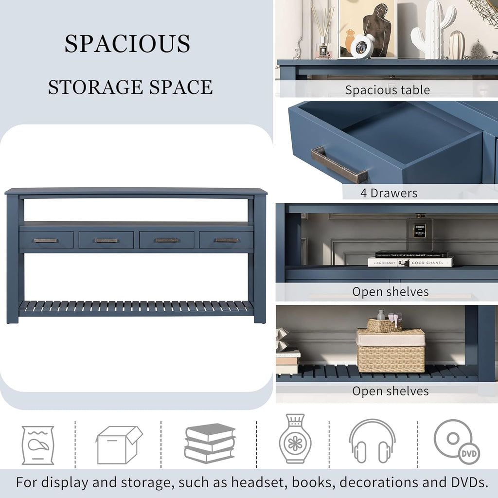 LKTART Console Table for Entryway with 4 Drawers,61.5'' Long Sofa Table with 3-Tier Open Shelves,Entry Table for Hallway,Foyer,Living Room,Navy Blue