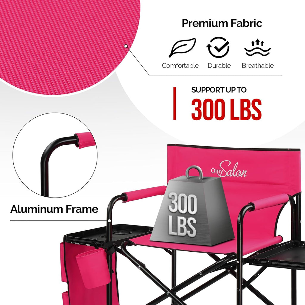 OmySalon Tall Folding Directors Chair with Side Table Storage Bag, Aluminum Frame 300 lbs Capacity, Portable Makeup Artist Bar Height, 19.7" D x 24.6" W x 45.7" H(Rose Red)