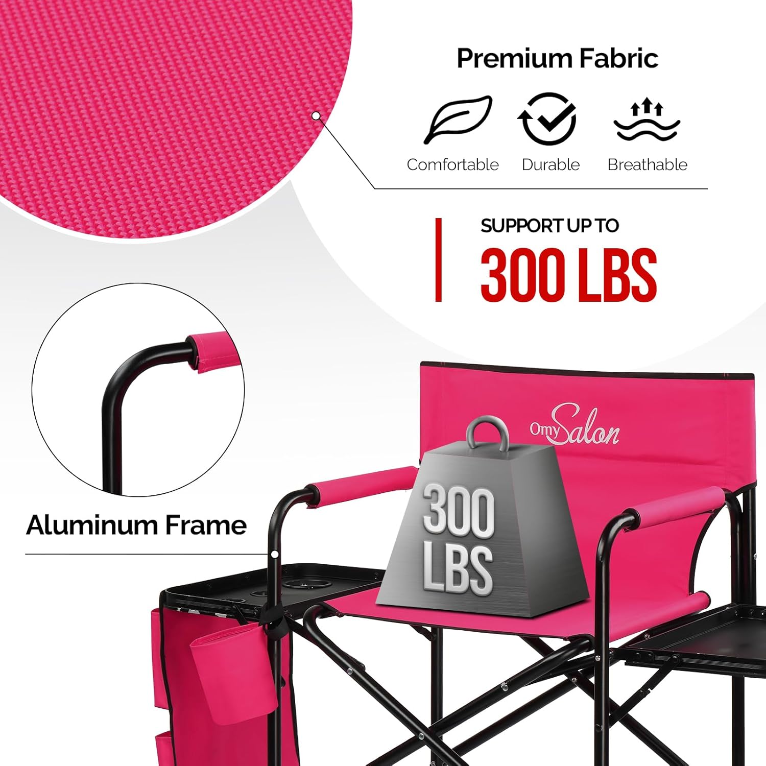 OmySalon Tall Folding Directors Chair with Side Table Storage Bag, Aluminum Frame 300 lbs Capacity, Portable Makeup Artist Bar Height, 19.7" D x 24.6" W x 45.7" H(Rose Red)