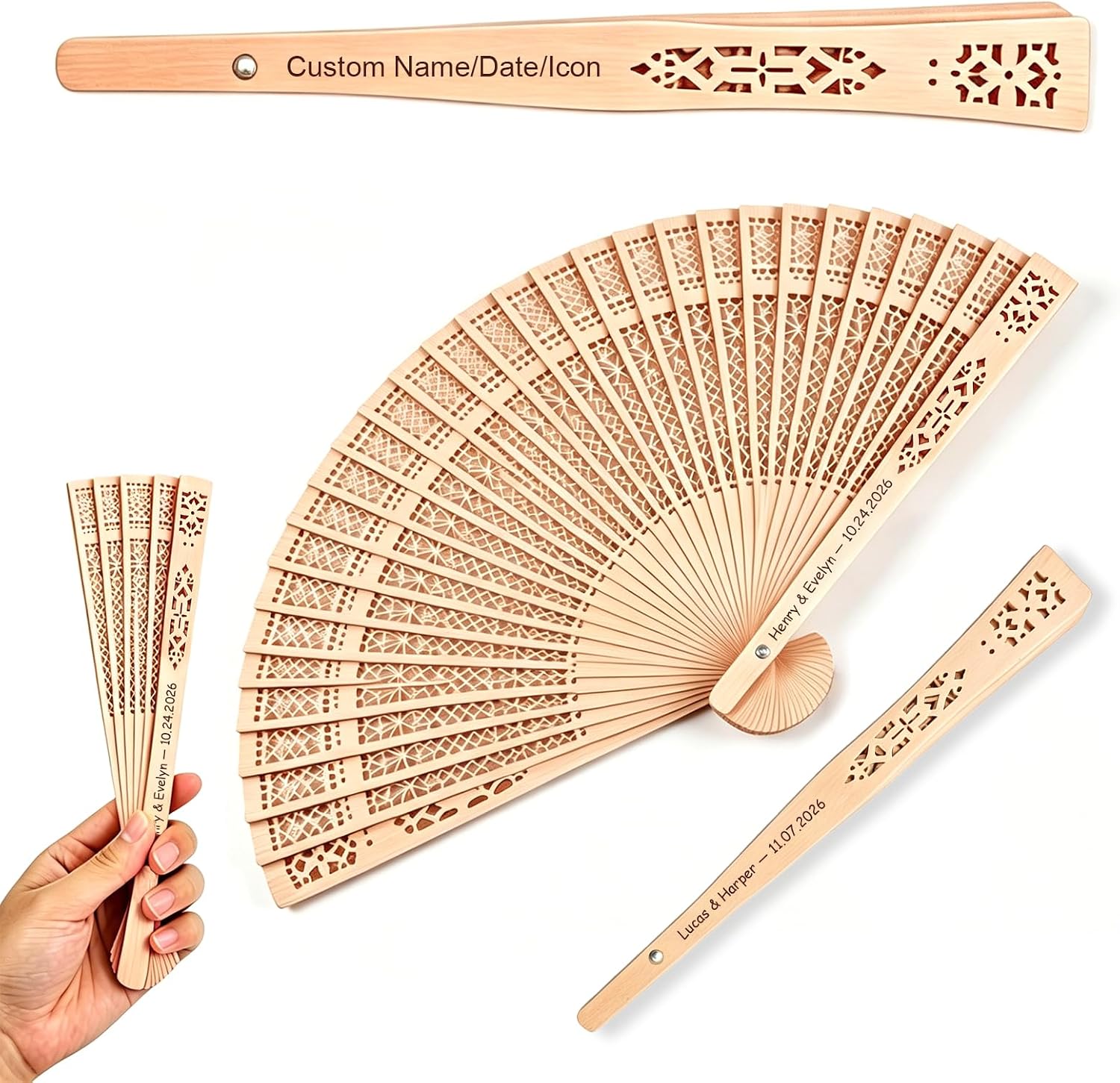 Personalized Wedding Fans for Guests, Custom Wooden Folding Hand Fans, Engraved Name Date, Bulk Wedding Favors Gifts