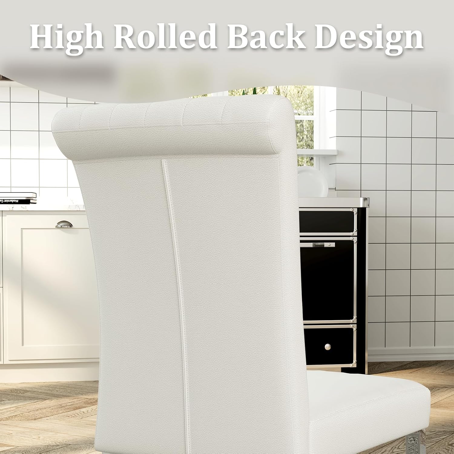 ACEDÉCOR Dining Chairs, White Leather Dining Chairs Set of 4, Upholstered Kitchen Room Chairs with Silver Stainless Steel Legs