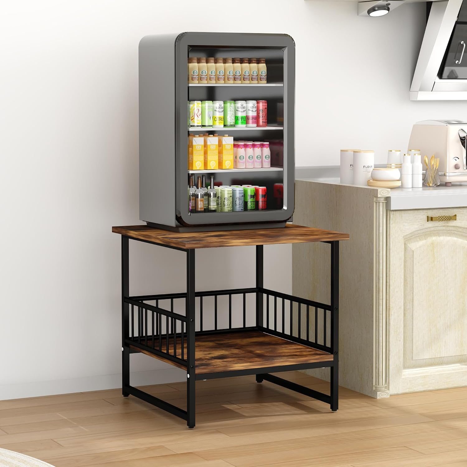 DHMAKER End Table, Industrial Side Table with 2-Tire Storage Shelf, 180LBS Mini Fridge Stand with Adjustable Feet, 24"x24" Wood Night Stand Small Bedside Table for Living Room Bedroom, Brown