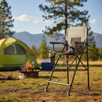 LANMONTAIN Extra Tall Folding Camping Chairs,30.7'' Seat Height Portable Hard Arm Bar Chairs w/Cup Holder,Side Mesh Pocket and Footrest,Heavy Duty Support 350 Lbs Comfy Director Chairs,Black&Grey