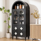DoCred 71" Tall Arched Kitchen Pantry with Glass Doors, Retro Wood Arched Cabinet, Luxury Arch Bookshelf, 4 Shelves & 2 Drawers, Storage Cabinet for Kitchen, Dining Room, Living Room,Black