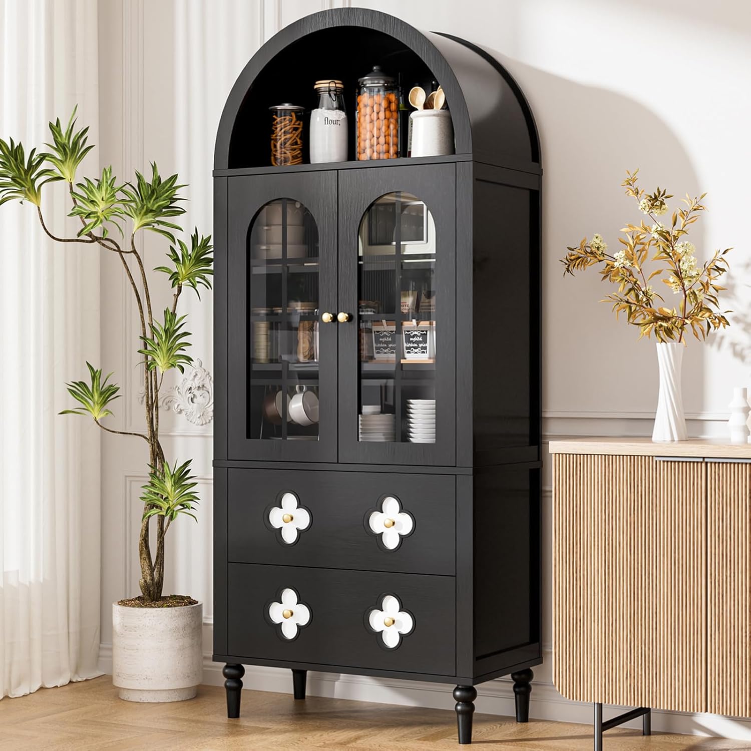 DoCred 71" Tall Arched Kitchen Pantry with Glass Doors, Retro Wood Arched Cabinet, Luxury Arch Bookshelf, 4 Shelves & 2 Drawers, Storage Cabinet for Kitchen, Dining Room, Living Room,Black