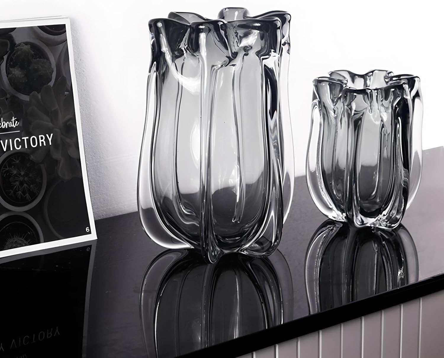 Modern Black Advanced Grey Glass Vase for Flowers, Hand Blown Art Glass Glass vase,Room Decoration and Centerpiece