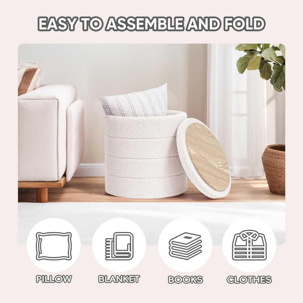 PINPLUS Round Storage Ottoman Foot Rest Stool with Tray Velvet Sherpa Folding Storage Ottoman,Boucle Foot Rest for Living Room, Bedroom, Dorm,White Color