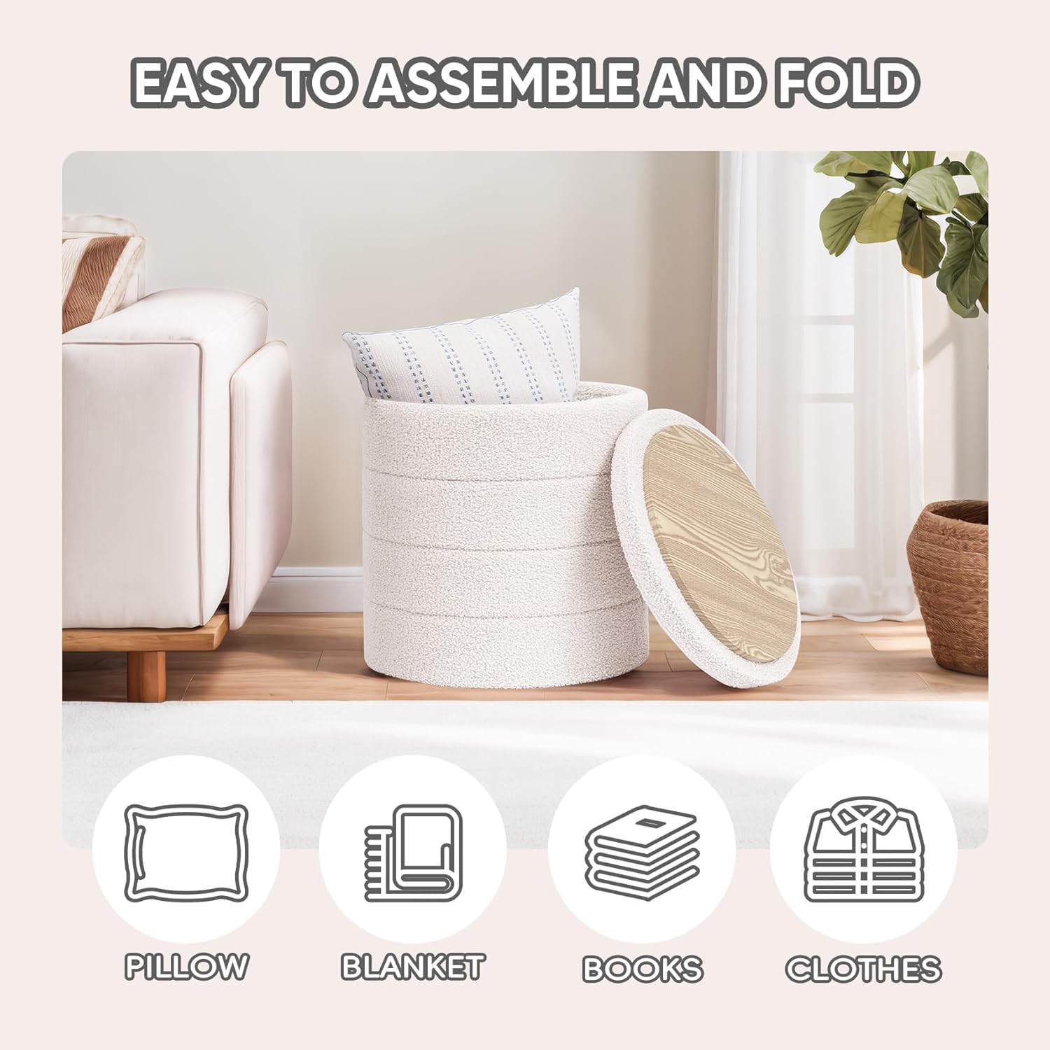 PINPLUS Round Storage Ottoman Foot Rest Stool with Tray Velvet Sherpa Folding Storage Ottoman,Boucle Foot Rest for Living Room, Bedroom, Dorm,White Color