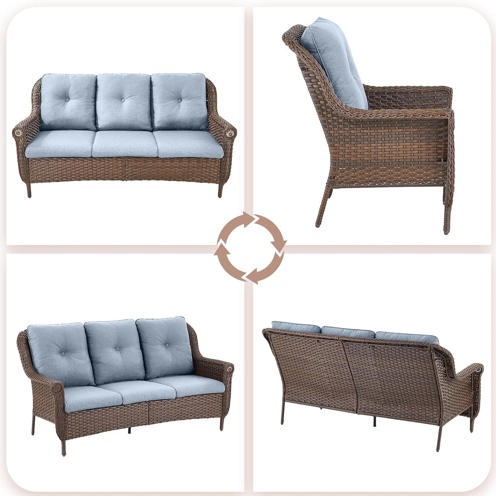 Patio Couch Outdoor Wicker Sofa - Heavy Duty All-Weather Brown Rattan 3-Seater with High Back and Comfy Thick Cushions for Garden Back Porch Poolside Apartment - Baby Blue