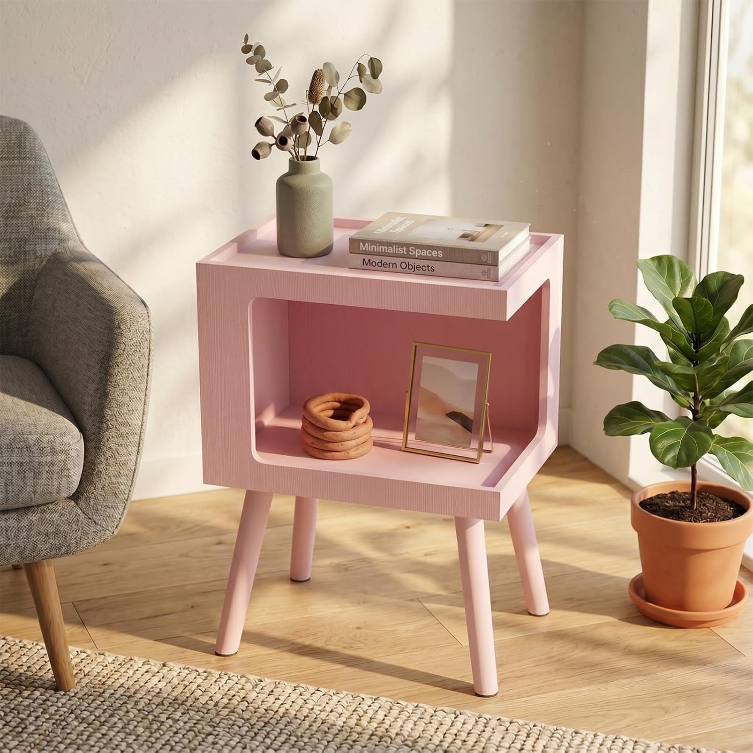Nightstand,Pink Night Stand,Modern End Table with Open Storage,2-Tier Wooden End Side Table,Nursery Bedside Table for Small Space, Living Room, Bedroom