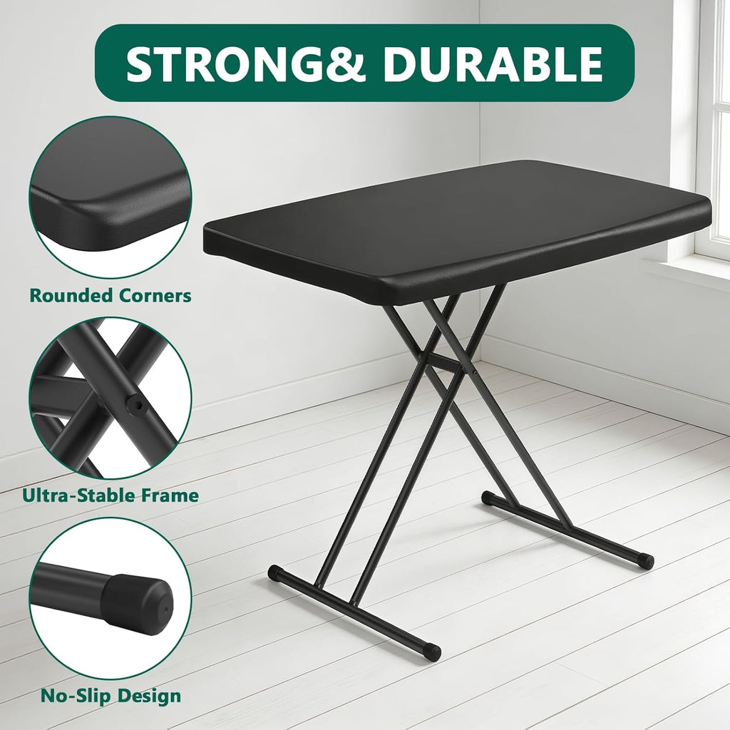 30 Inch Folding Table, Adjustable Height TV Tray for Small Spaces, Heavy Duty Foldable Utility Table for Laptop, Dining, Camping, No Assembly, 200 lbs Capacity, Black Granite