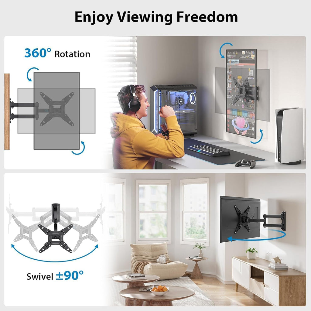 Pipishell Full Motion TV Wall Mount for Echo Show 21/15 and 13-43 Inch Flat Curved Screen TVs & Monitors, Max VESA 200x200mm up to 44lbs, TV Mount Wall Bracket with Rotation Swivel Tilt Extension