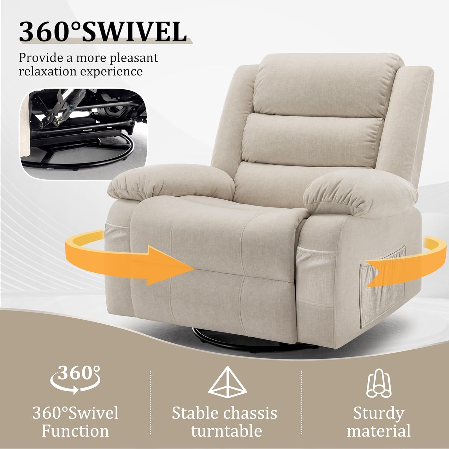 Korser Oversized Recliner Chair, Extra Wide Rocking Chair with Massage and Heat, 360° Swivel Rocker Recliner for Adults, Nursery Chair with Side Pocket, Cashmere Reclining Sofa for Living Room, Beige