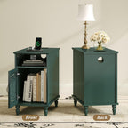 ARTPOWER Narrow Side Table with Charging Station Set of 2, Vintage Carved Door End Table with Storage for Small Spaces, Slim Bedside Table for Living Room, Bedroom, Green