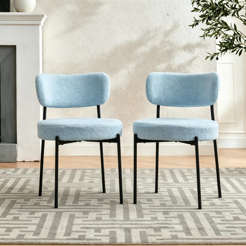 Boucle Dining Chairs Set of 2, Blue Mid Century Modern Kitchen Dining Room Chairs with Curved Backrest and Metal Frame, Round Upholstered Dining Chairs for Kitchen, Living Room