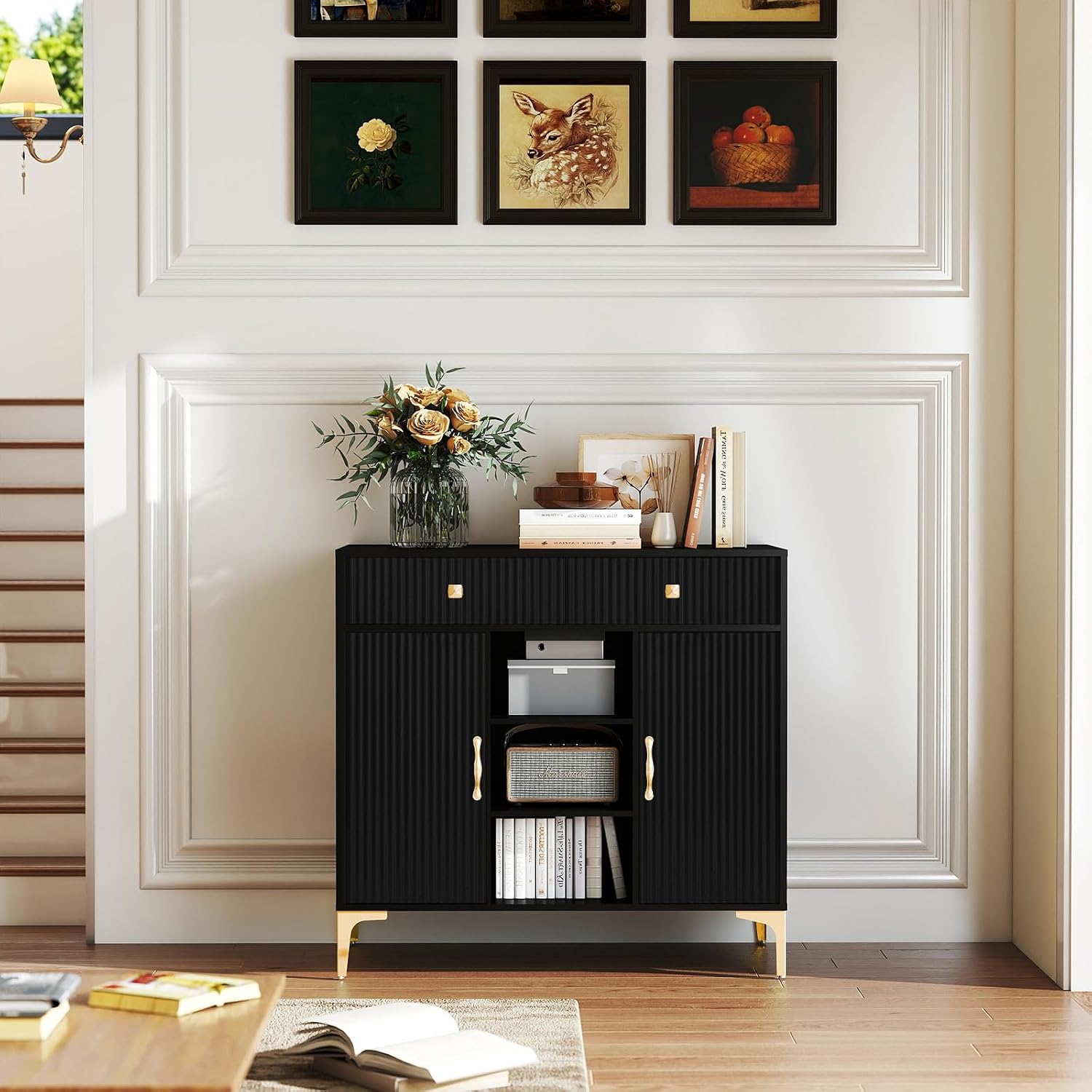 Black Sideboard Buffet Cabinet with Adjustable Shelves, Modern Storage Cabinet with Drawers and Doors, Sleek Buffet for Dining Room, Living Room, Entryway, 39.4 Inch