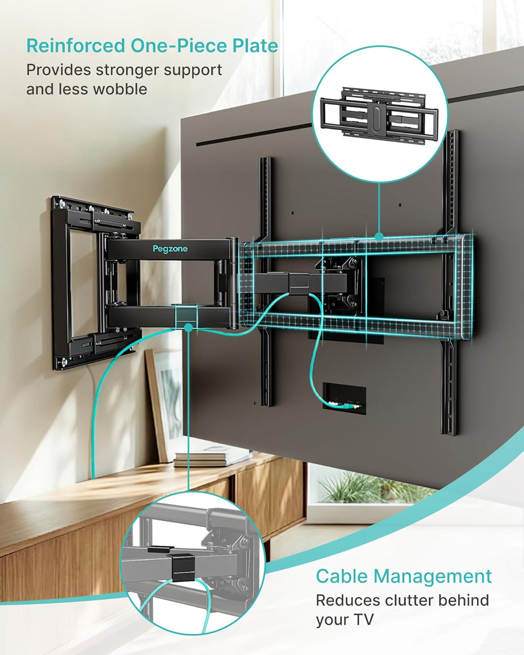 Pegzone Full Motion TV Wall Mount for 43-100 Inch TVs up to 176lbs, 25.2" Extension, Swivel Heavy Duty TV Bracket, Sliding Dual Arms for Off-Center Studs, Fits 16"/ 18" /24" Wood Studs, VESA 800x600