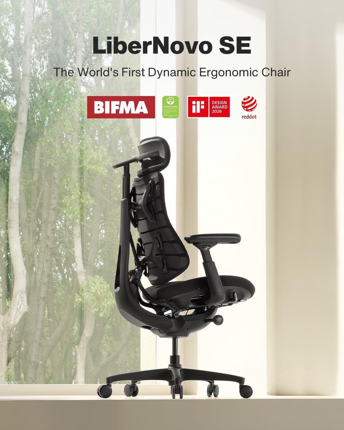 LiberNovo SE Dynamic Ergonomic Office Chair, Comfy Desk Chair with Manual Lumbar Adjustment, 105°-160° Five Lockable Recline Positions for Back Comfort, Home Office Long Hours Use, Obsidian, 48cm