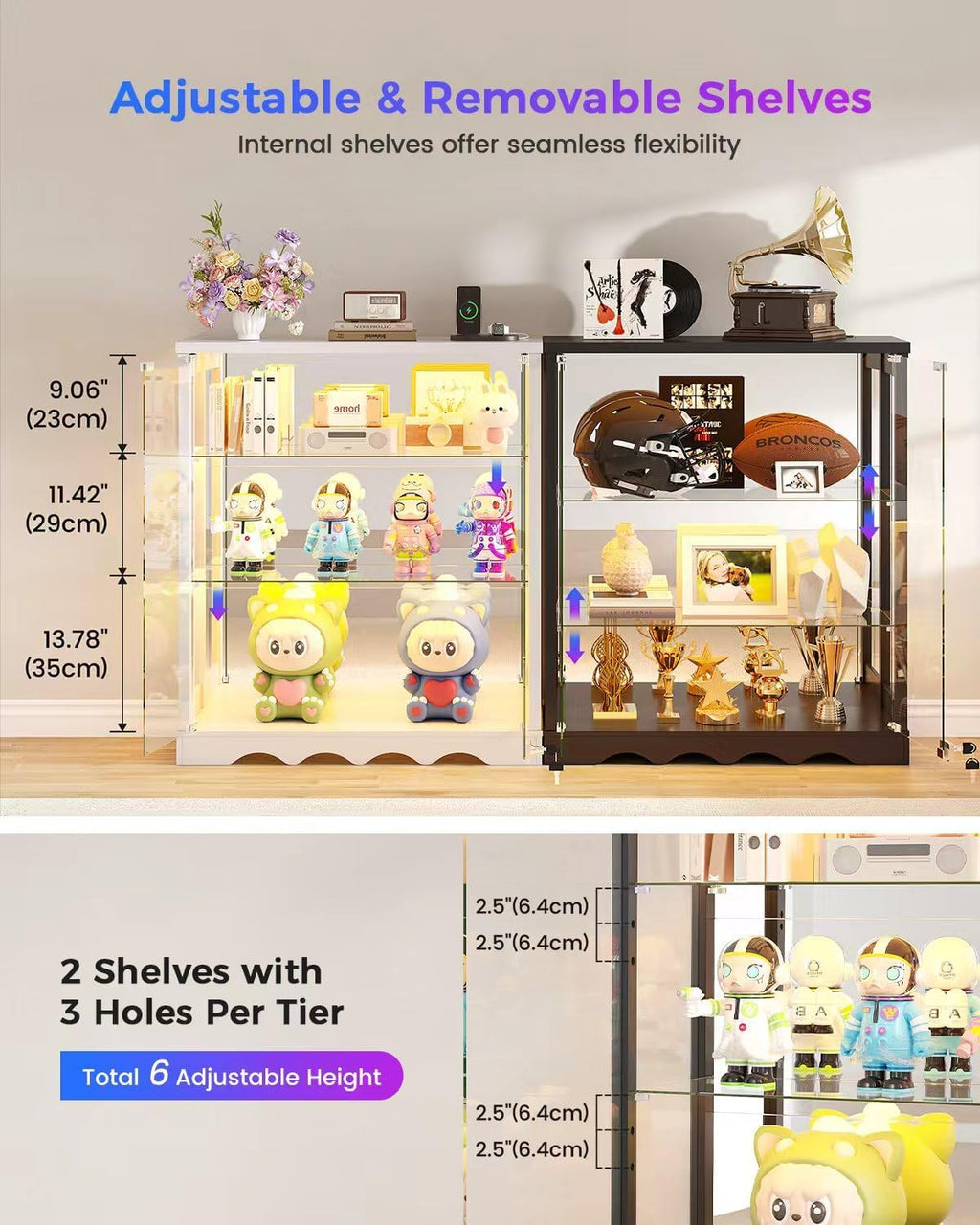Dystler RGB Display Cabinet with Glass Doors - 39’‘ Tall Curio Cabinet with Lock & Adjustable Shelves, 3-Tier Display Case with Lights, for Collectibles/Figure/Helmet/Football, Black